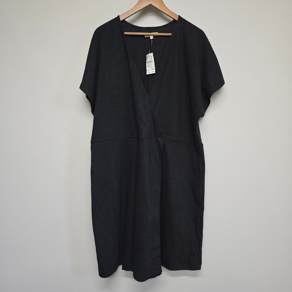 Madewell Faux Wrap Dress Womens 2X Black Textured Cotton V-Neck Midi Minimalist